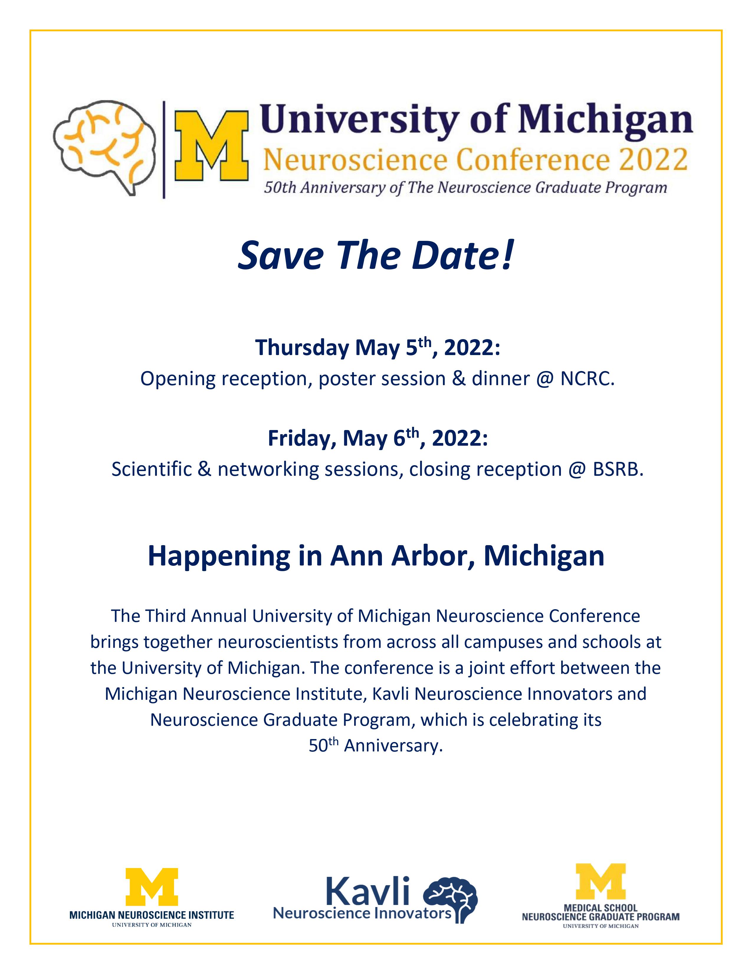 Save the Date Neuroscience Conference 2022 Michigan Neuroscience